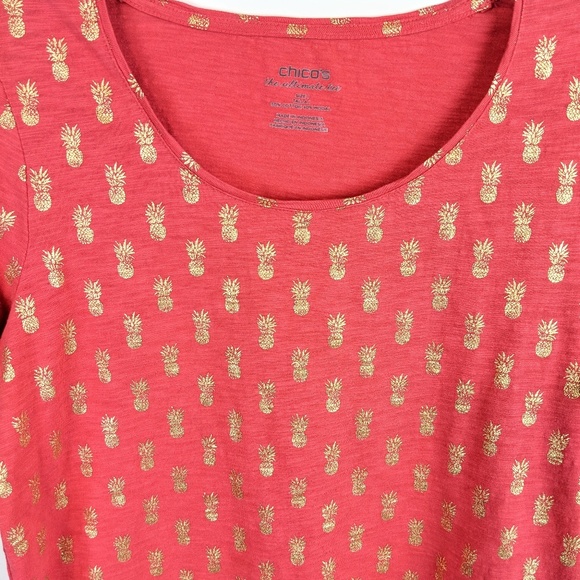 🍍CHICO’S Coral & Gold Metallic Pineapple Slub Knit Tee Chico's 1 - Picture 3 of 8